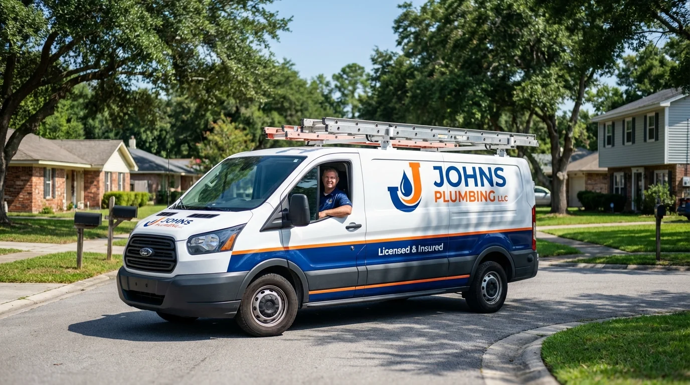 Johns Plumbing LLC service van in Westwood, MA