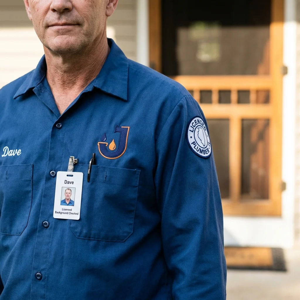 Licensed plumber showing ID badge in Westwood, MA