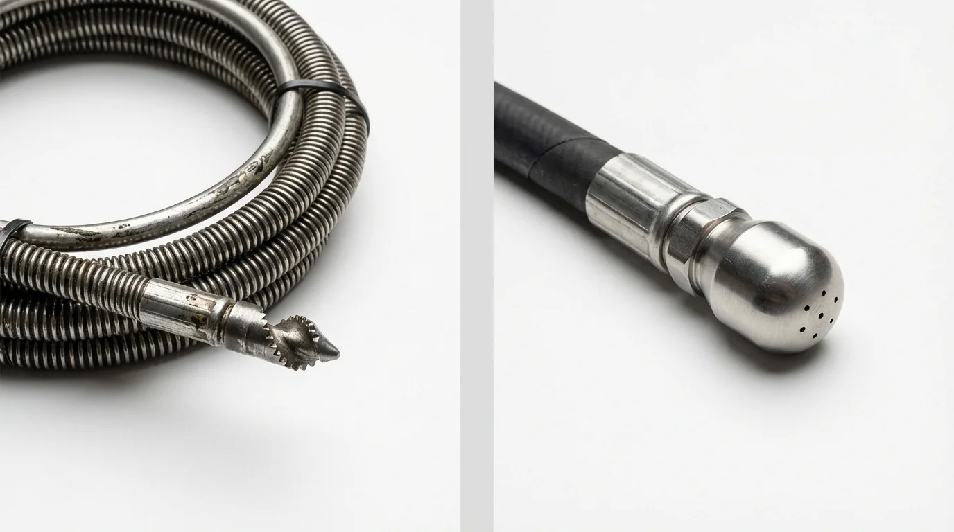 Drain snake cable and hydro jetting nozzle used for drain cleaning in Westwood, MA