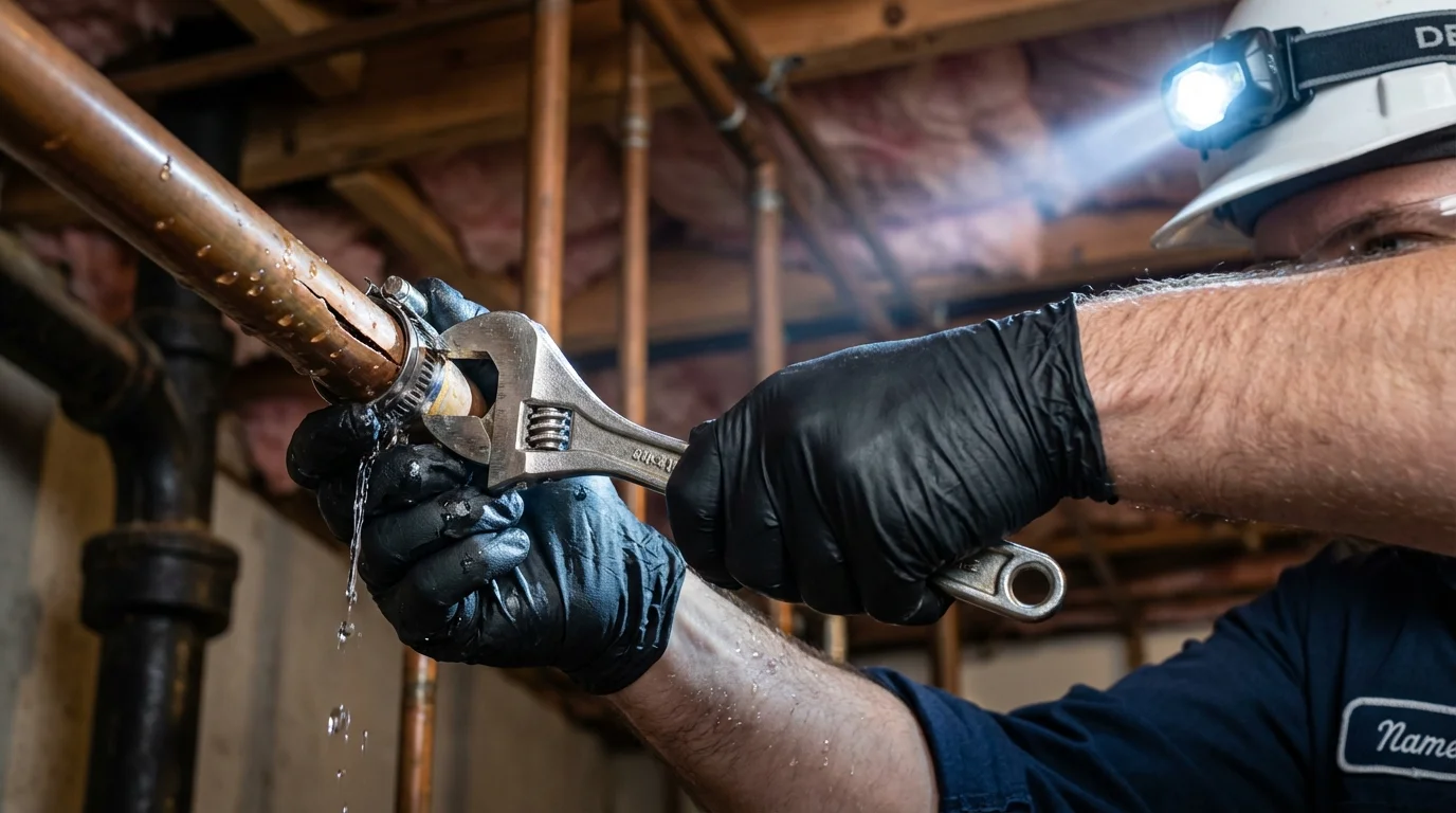 Emergency pipe clamp repair being performed by a Johns Plumbing LLC plumber in Westwood