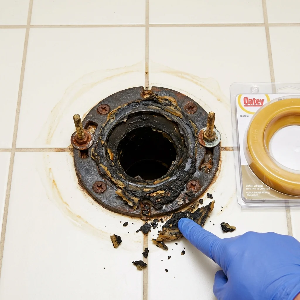 Failed wax ring showing water seepage at the base of a toilet in a Westwood, MA home