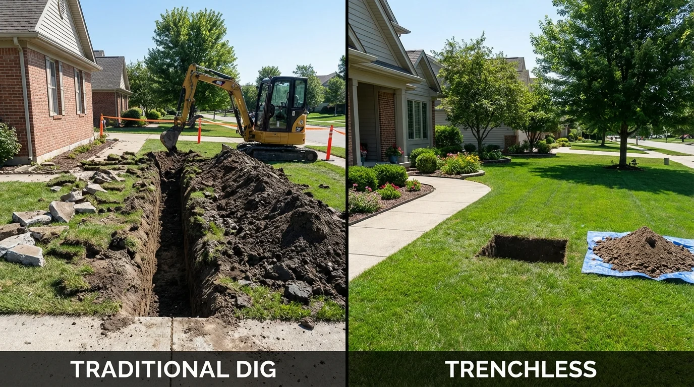 Trenchless sewer repair with minimal yard damage versus traditional excavation in Westwood, MA