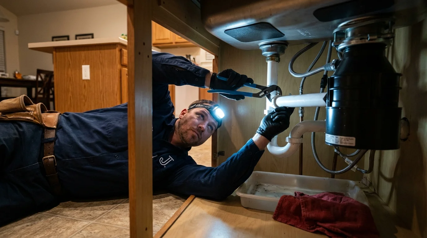 P-trap and supply line connections under a kitchen sink showing a common leak point in Westwood, MA